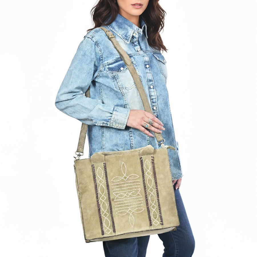 American Darling Tote Bag - Boot Stitched, Braided, Eco-Friendly Vegetable Tanned Genuine Suede Leather, Western Leather Handbag