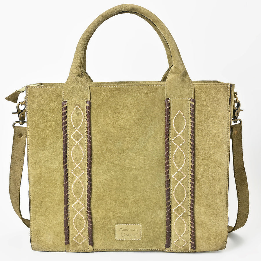 American Darling Tote Bag - Boot Stitched, Braided, Eco-Friendly Vegetable Tanned Genuine Suede Leather, Western Leather Handbag