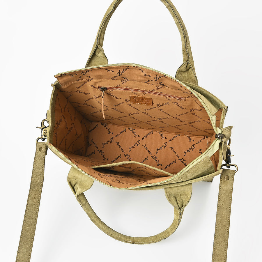 American Darling Tote Bag - Boot Stitched, Braided, Eco-Friendly Vegetable Tanned Genuine Suede Leather, Western Leather Handbag