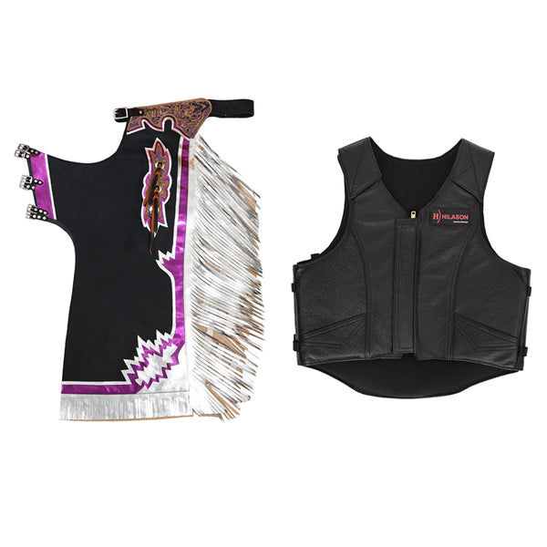 HILASON Western Horse Bull Riding Safety Leather Protective Vest and Rodeo Chaps Combo - Hilason
