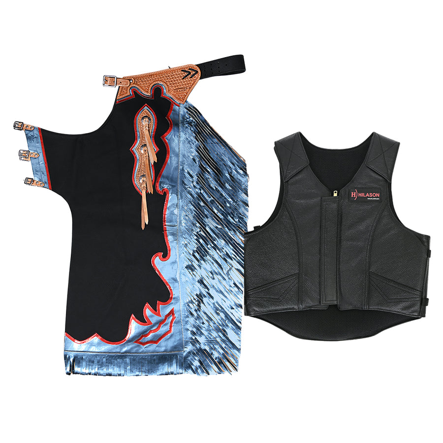 HILASON Western Horse Bull Riding Safety Leather Protective Vest and Rodeo Chaps Combo - Hilason
