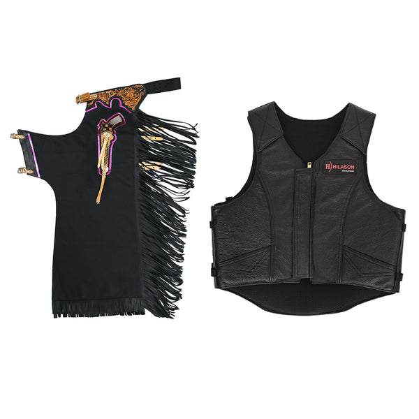 HILASON Western Horse Bull Riding Safety Leather Protective Vest and Rodeo Chaps Combo - Hilason