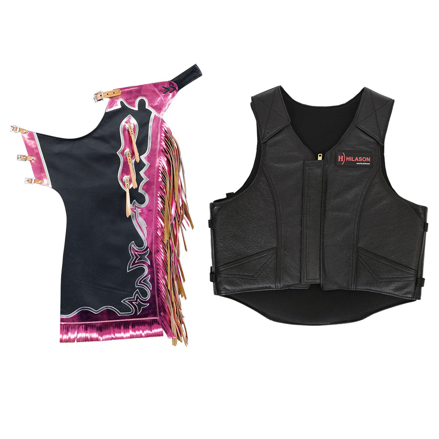 HILASON Western Horse Bull Riding Safety Leather Protective Vest and Rodeo Chaps Combo - Hilason