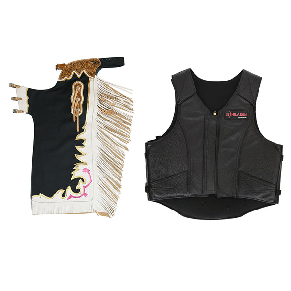 HILASON Western Horse Bull Riding Safety Leather Protective Vest and Rodeo Chaps Combo - Hilason