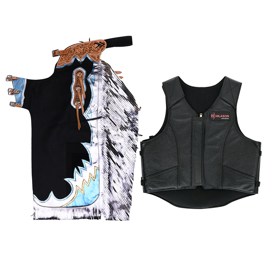 HILASON Western Horse Bull Riding Safety Leather Protective Vest and Rodeo Chaps Combo - Hilason