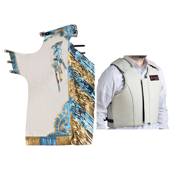 HILASON Western Horse Bull Riding Safety Leather Protective Vest and Rodeo Chaps Combo - Hilason
