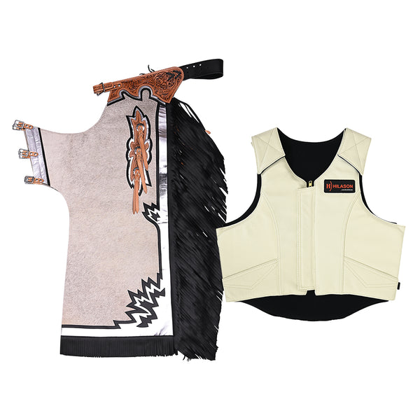 HILASON Western Horse Bull Riding Safety Leather Protective Vest and Rodeo Chaps Combo - Hilason