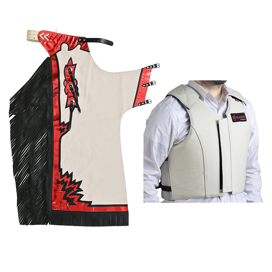 HILASON Western Horse Bull Riding Safety Leather Protective Vest and Rodeo Chaps Combo - Hilason