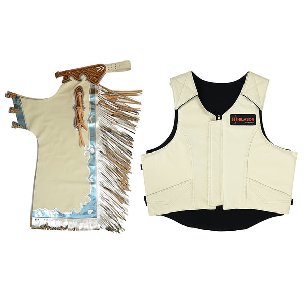 HILASON Western Horse Bull Riding Safety Leather Protective Vest and Rodeo Chaps Combo - Hilason