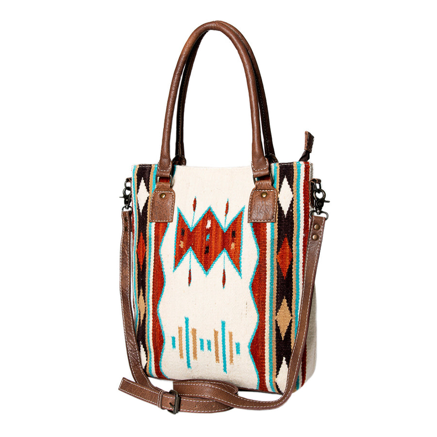 American Darling Saddle Blanket Tote Bag – Handwoven Wool Western Tote with Genuine Leather Handles & Spacious Interior