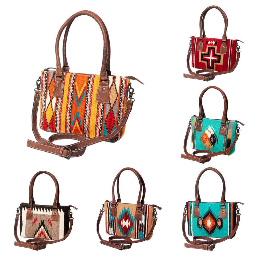 American Darling Western Saddle Blanket Tote Bag, Genuine Leather Trim, Removable Crossbody Strap, Zipper Closure