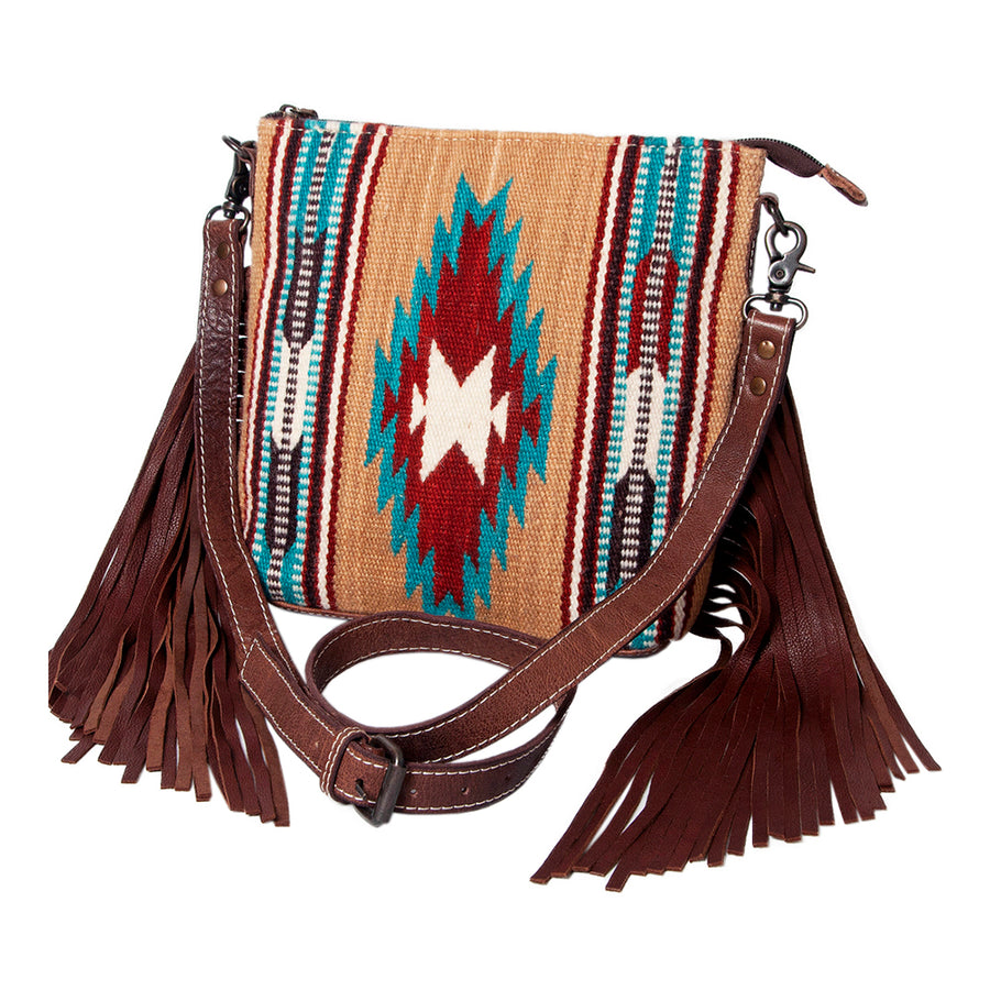 American Darling Western Crossbody Bag – Handwoven Saddle Blanket with Genuine Leather and Fringes, Compact Everyday Purse