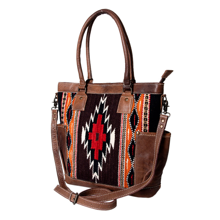 American Darling Western Tote Bag – Handwoven Saddle Blanket Genuine Leather Trim, Everyday Work or Travel Purse
