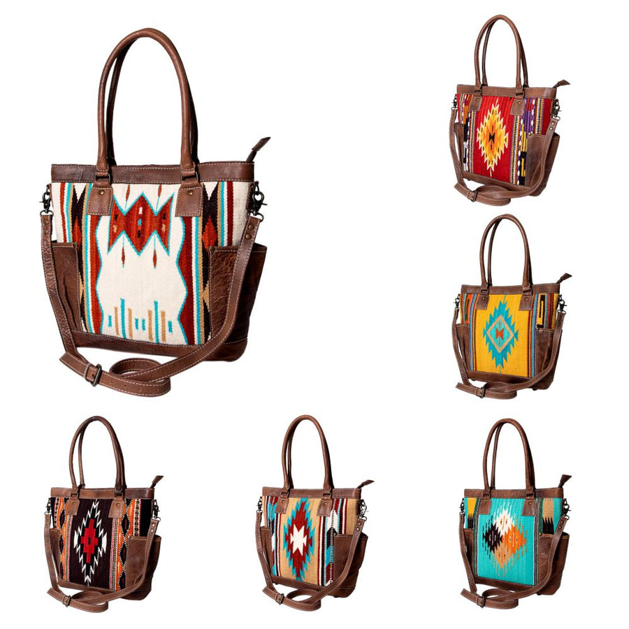 American Darling Western Tote Bag – Handwoven Saddle Blanket Genuine Leather Trim, Everyday Work or Travel Purse