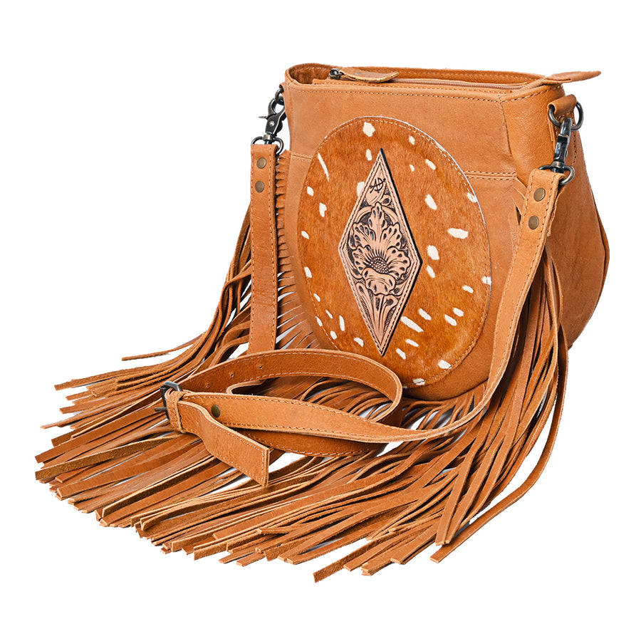 American Darling Hand-Tooled Hair-On Leather Crossbody Bag for Women – Genuine Western Cowhide Purse with Fringe Detailing and Adjustable Strap