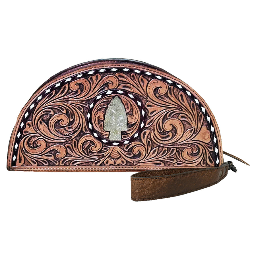 American Darling Hand-Tooled Leather Taco Handbag for Women – Genuine Full-Grain Leather Wristlet Clutch with Floral Carving and Zip Closure