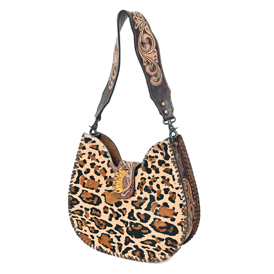 American Darling Hair-on Cowhide Hobo Bag for Women – Genuine Leather Western Shoulder Purse with Hand-Tooled Details and Wide Strap