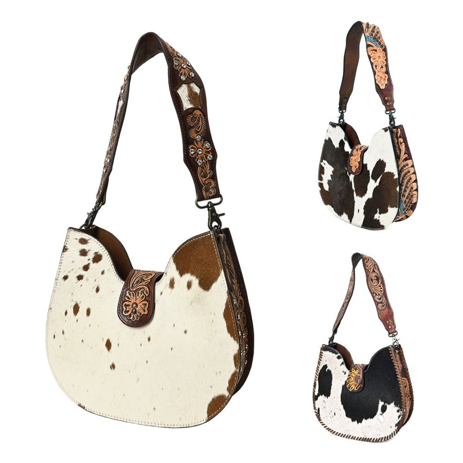 American Darling Hair-on Cowhide Hobo Bag for Women – Genuine Leather Western Shoulder Purse with Hand-Tooled Floral Strap and Artisan Detailing