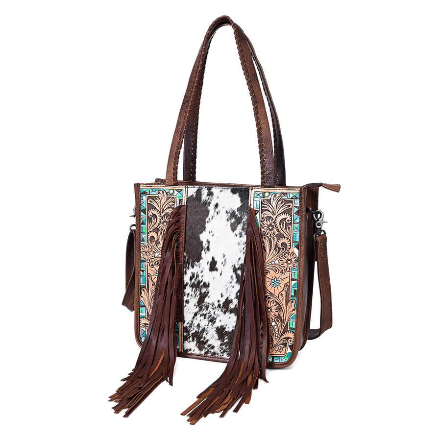 American Darling Western Tote Bag – Genuine Hair-on Cowhide and Leather, Hand-Tooled Floral Design with Long Fringes and Dual Carry Straps