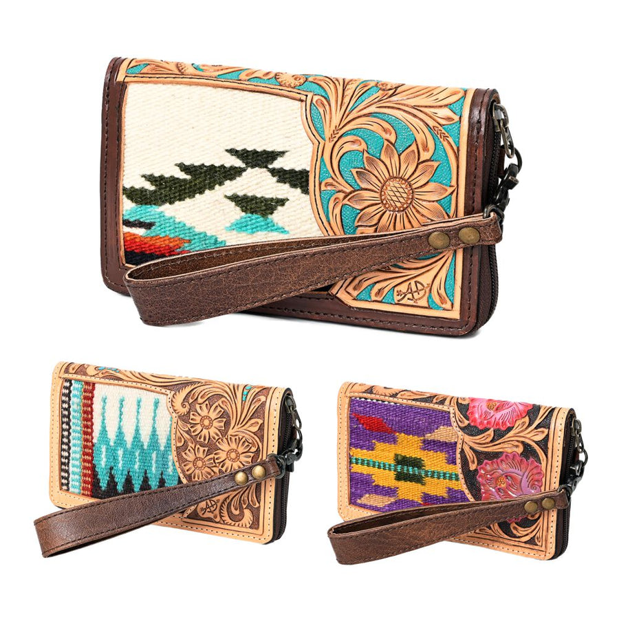 American Darling Western Organizer Bag Hand Woven Saddle Blanket Hand Tooled Leather Small Organizer 4.5in (H) X 8in (W)