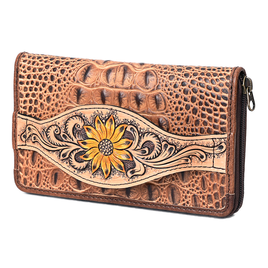 American Darling Western Leather Wallet Bag Crocodile Embossed Genuine Leather Hand Tooled 4.5in (H) X 8in (W)
