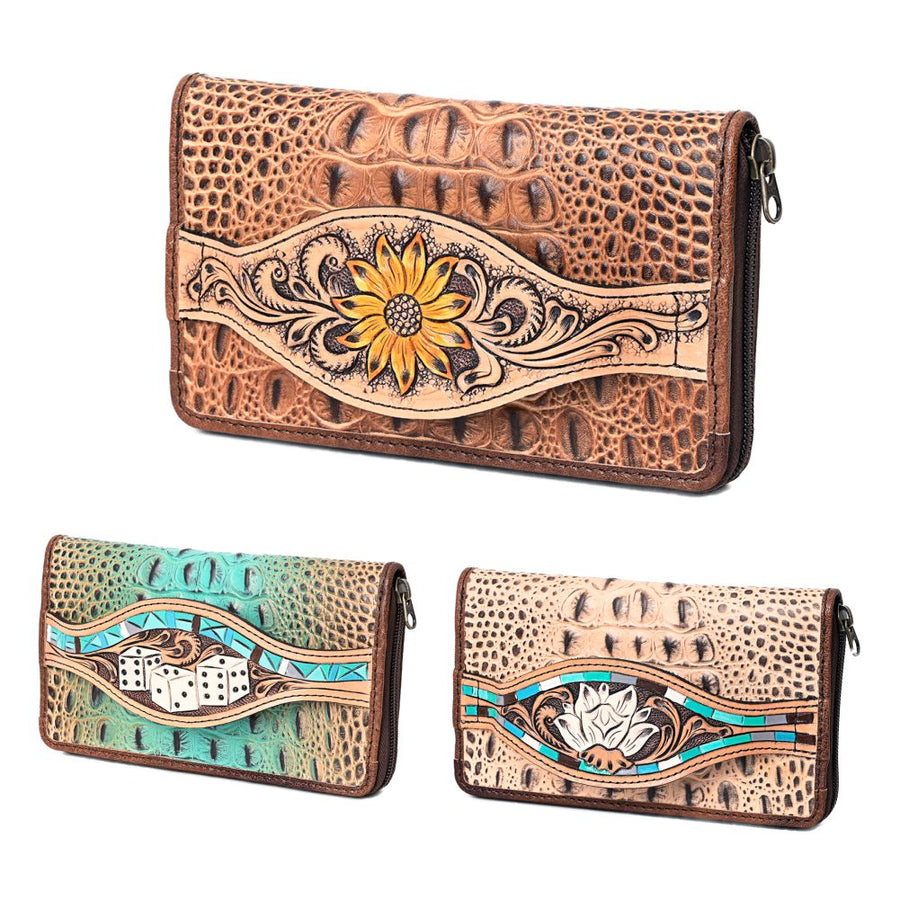 American Darling Western Leather Wallet Bag Crocodile Embossed Genuine Leather Hand Tooled 4.5in (H) X 8in (W)
