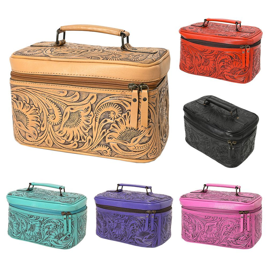 American Darling Western Hand Tooled Leather Jewelry Case | Handcrafted Travel Makeup Bag with Handle and Divided Interior