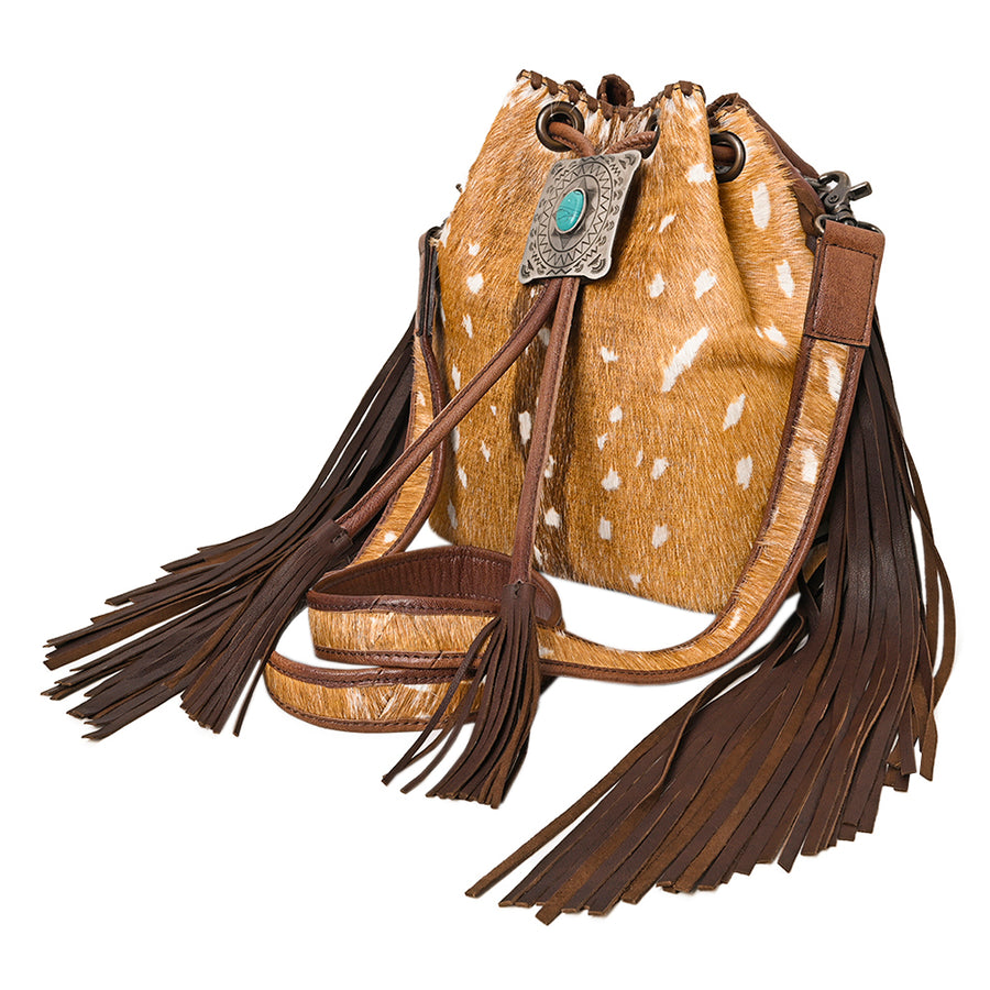 American Darling Western Bucket Bag Handcrafted from Hair-On Cowhide | Fringe Detail & Concho Accent