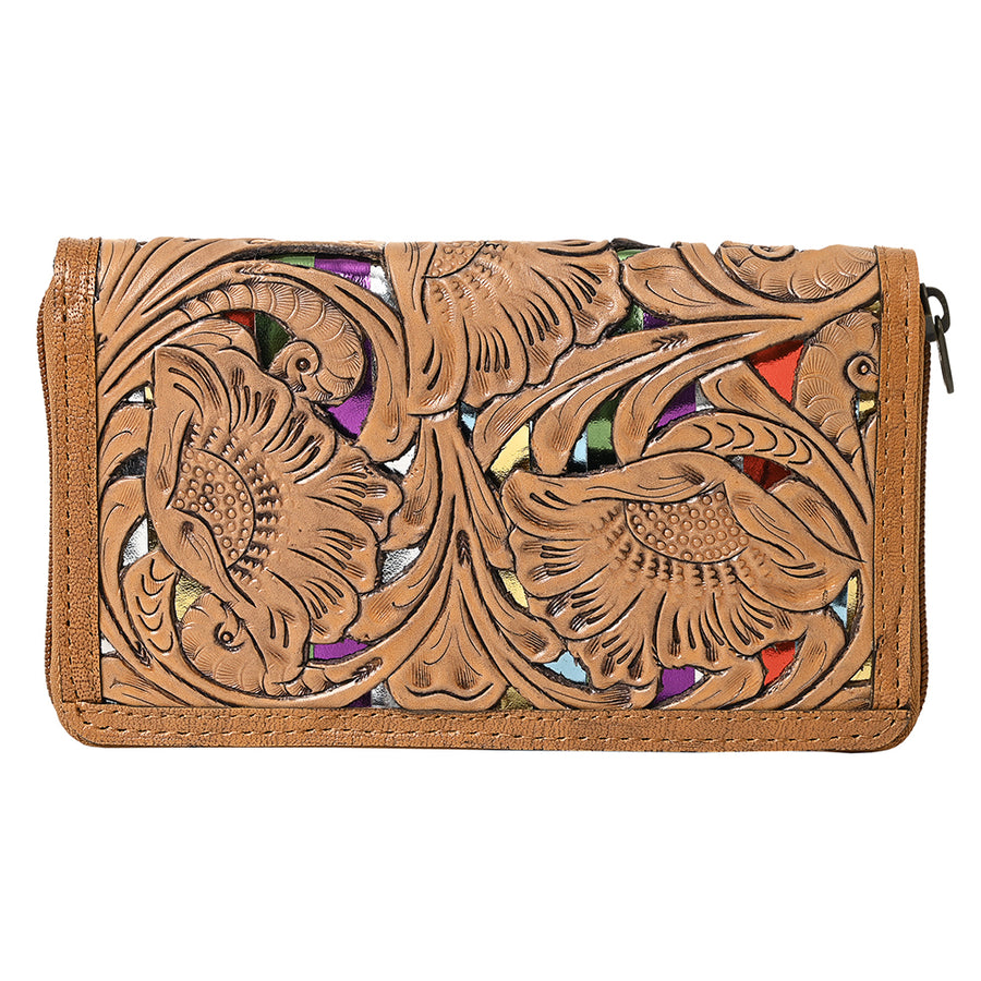 American Darling Hand-Tooled Genuine Leather Wallet Bag – Floral Carving, Durable Zip-Around Design, Multi-Compartment Organizer for Women