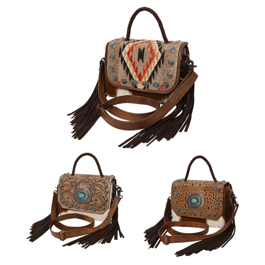 American Darling Western Leather Small Crossbody Bag with Hair-On Cowhide Fringes and Hand Woven Saddle Blanket Flap – Genuine Leather