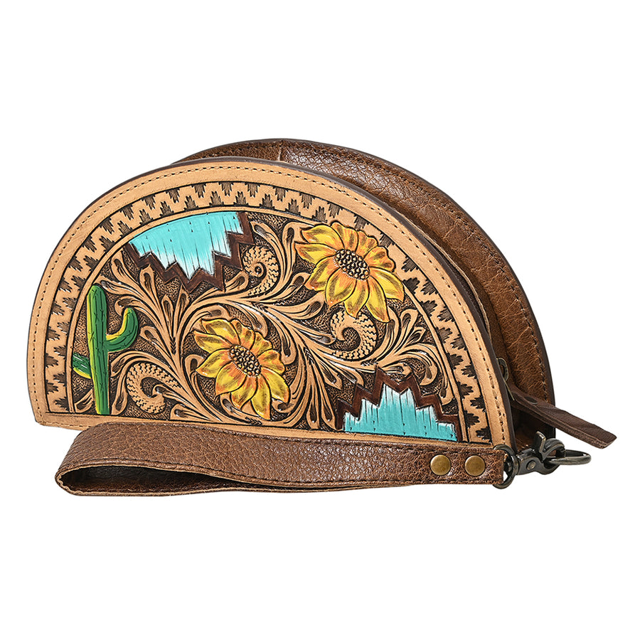 American Darling Hand-Tooled Genuine Leather Taco Bag – Floral Carved Western Wristlet with Secure Storage – Premium Artisan Craftsmanship