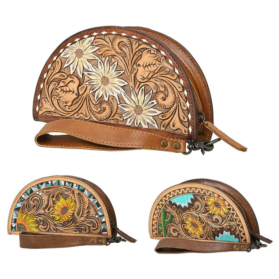 American Darling Hand-Tooled Genuine Leather Taco Bag – Floral Carved Western Wristlet with Secure Storage – Premium Artisan Craftsmanship