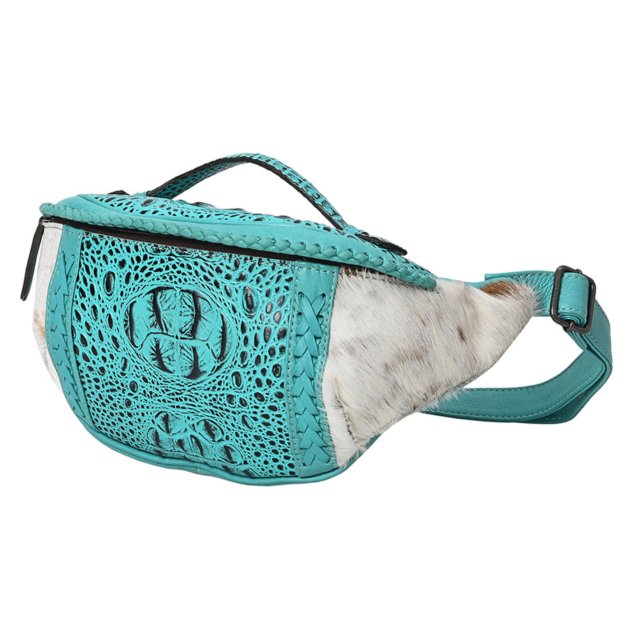 American Darling Western Leather Fanny Pack with Hair-On Cowhide, Crocodile Embossed Detail & Adjustable Strap – Genuine Leather