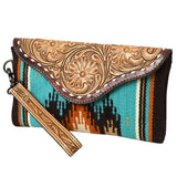 American Darling Wristlet Hand Tooled Upcycled Wool Genuine Leather Women Bag Western Handbag Purse