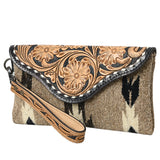 American Darling Wristlet Hand Tooled Upcycled Wool Genuine Leather Women Bag Western Handbag Purse