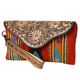 American Darling Wristlet Hand Tooled Upcycled Wool Genuine Leather Women Bag Western Handbag Purse