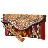 American Darling Wristlet Hand Tooled Upcycled Wool Genuine Leather Women Bag Western Handbag Purse