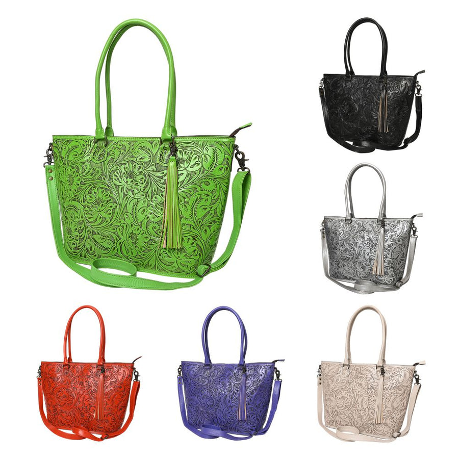 American Darling Hand Tooled Western Tote Bag – Floral Carved Genuine Leather Tote with Tassel | 12in (H) X 18in (W) X 5in (D)