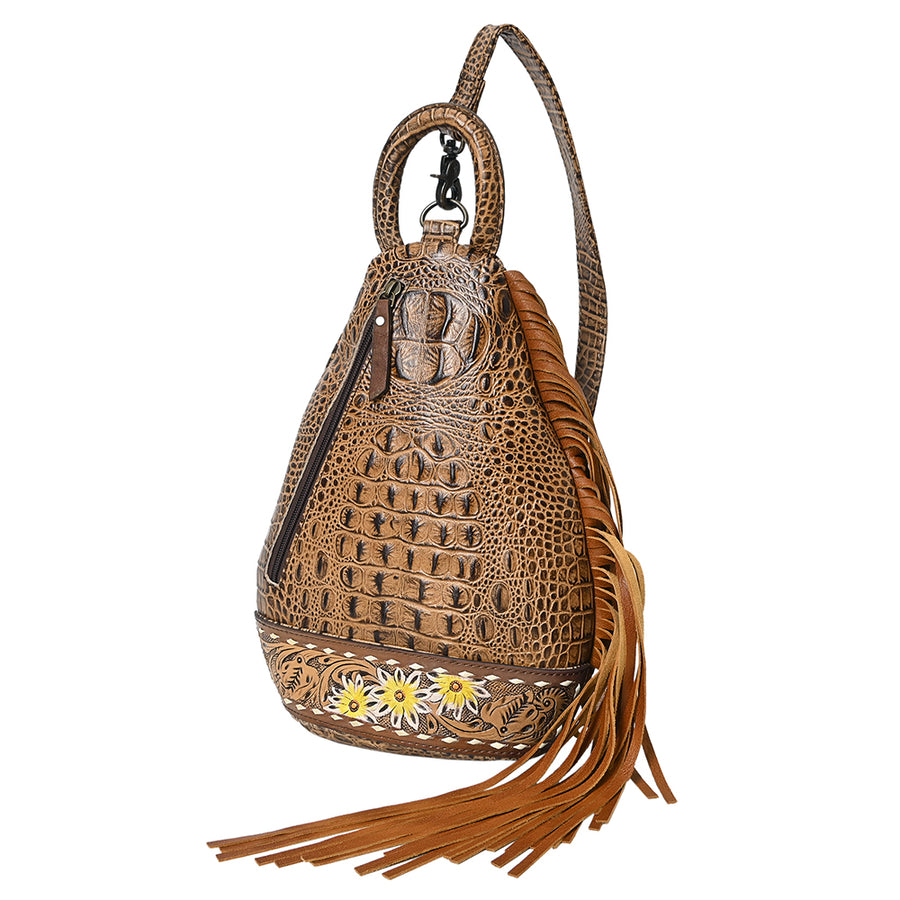 American Darling Sling Bag Handcrafted from Crocodile Embossed Leather | Hand-Tooled Floral Base, Long Fringe & Multi-Pocket Design