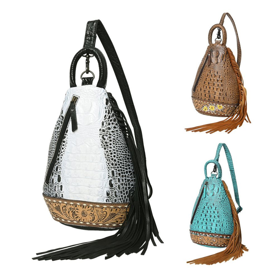 American Darling Sling Bag Handcrafted from Crocodile Embossed Leather | Hand-Tooled Floral Base, Long Fringe & Multi-Pocket Design