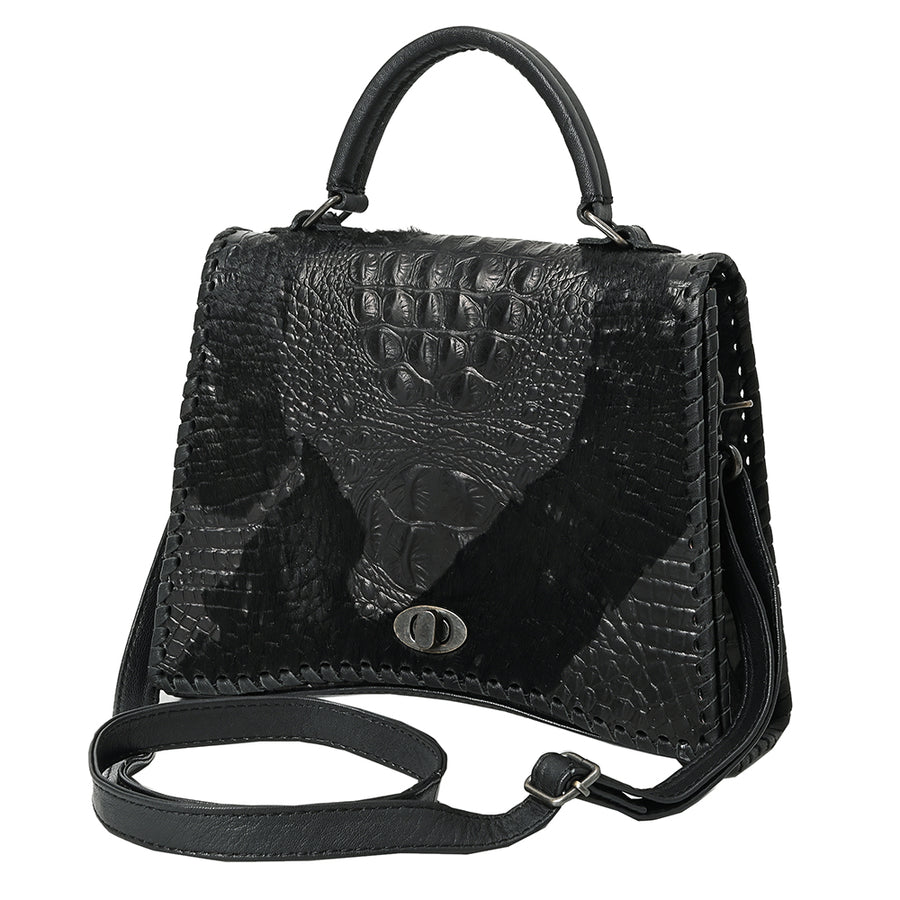 American Darling Western Leather Messenger Bag with Hair-On Cowhide, Crocodile-Embossed Leather Detail, Adjustable Strap, Structured Body & Premium Craftsmanship