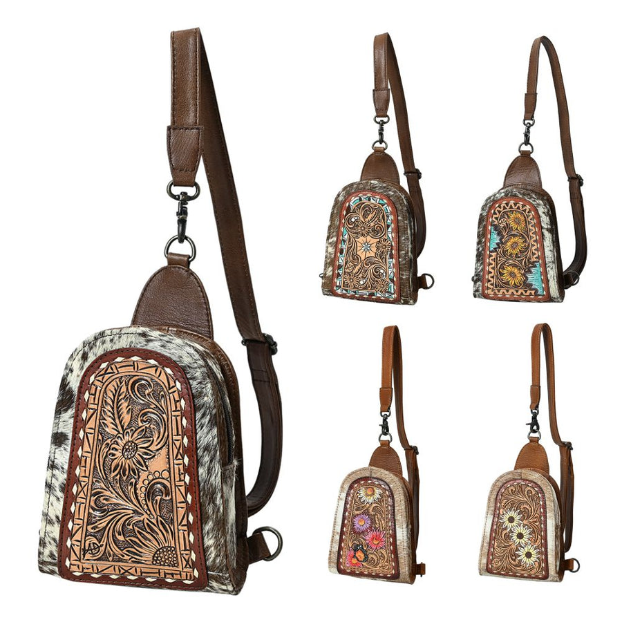 American Darling Sling Beautifully Hand Tooled Hair-On Genuine Leather women bag western handbag purse | Fanny Pack for