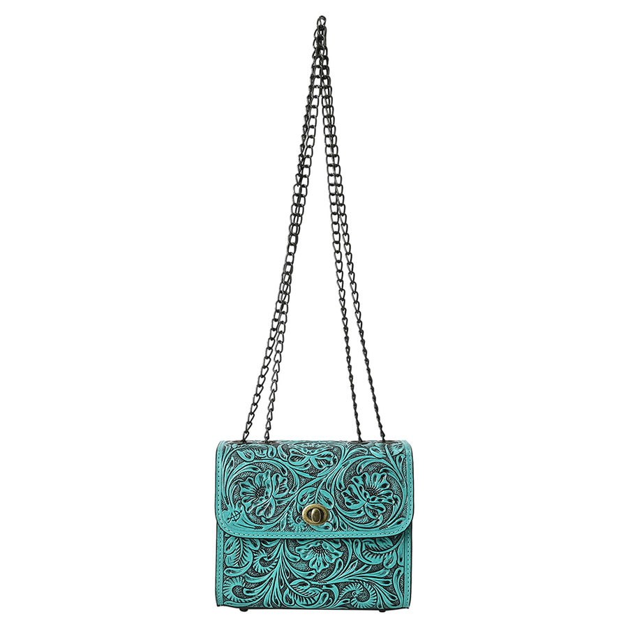 American Darling Hand-Tooled Leather Small Cross Body Bag with Floral Carving, Genuine Leather Build, Chain Strap & Well-Compartmentalized Interior