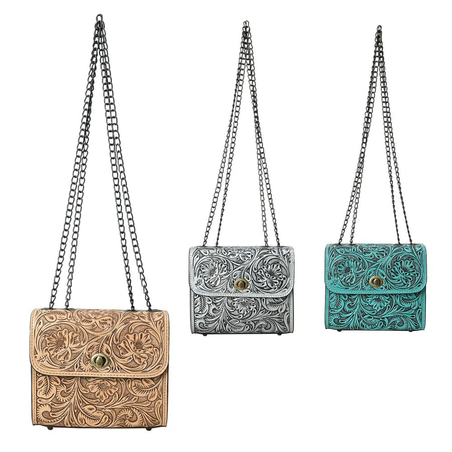 American Darling Hand-Tooled Leather Small Cross Body Bag with Floral Carving, Genuine Leather Build, Chain Strap & Well-Compartmentalized Interior