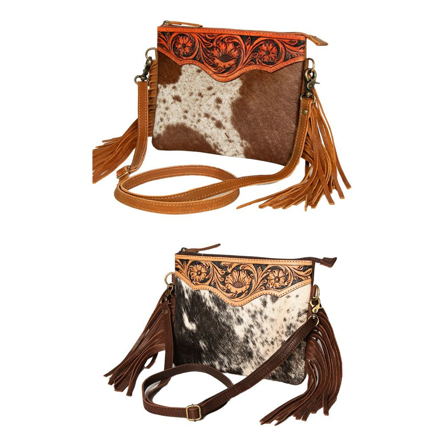 American Darling Small Cross body Bag Handcrafted from Hand Tooled Floral Leather & Hair-On Cowhide with Fringes & YKK Zipper