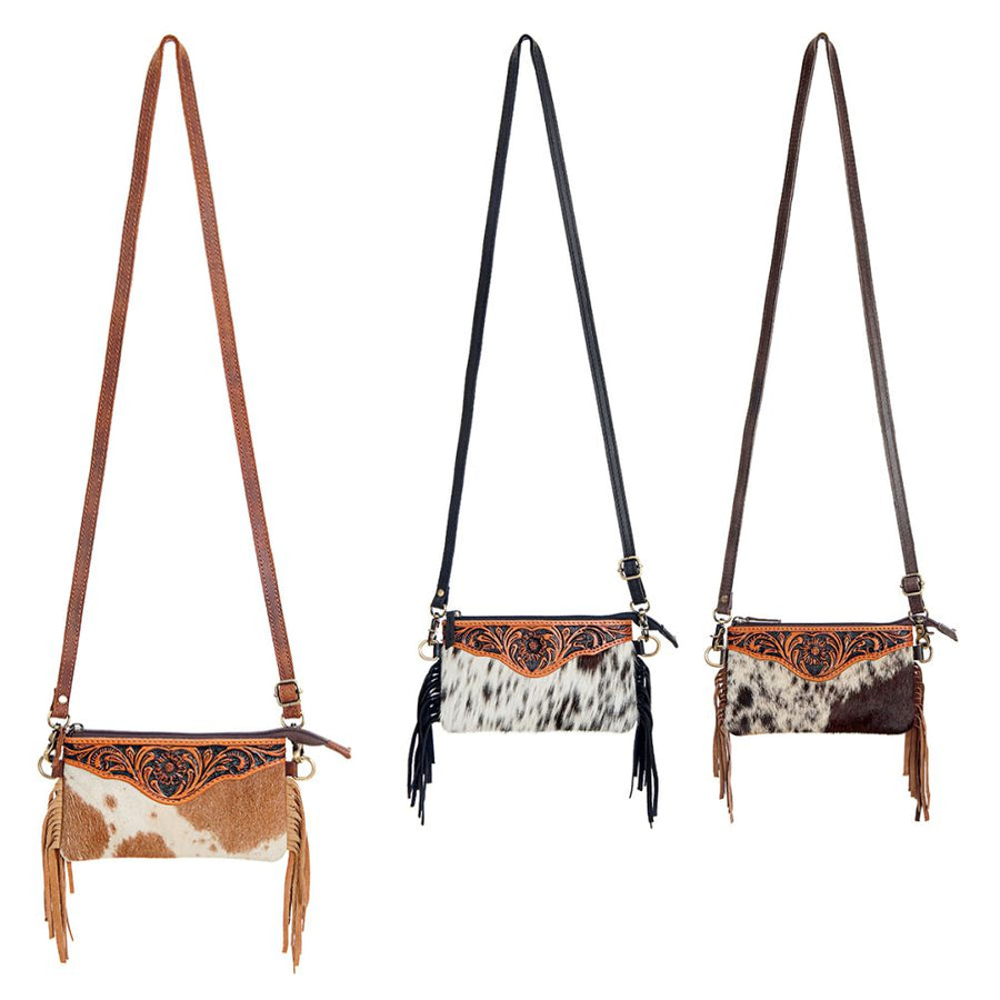 American Darling Small Cross body Bag Handcrafted from Hand Tooled Floral Leather & Hair-On Cowhide with Fringes & YKK Zipper