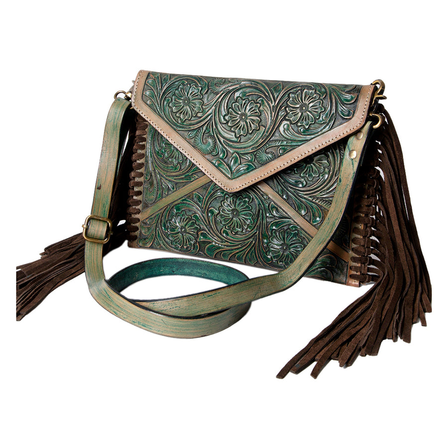 American Darling Envelope Bag Handcrafted from Hand Tooled Floral Leather with Braided Edges, Fringes, and YKK Zipper