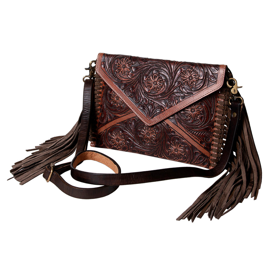 American Darling Envelope Bag Handcrafted from Hand Tooled Floral Leather with Braided Edges, Fringes, and YKK Zipper