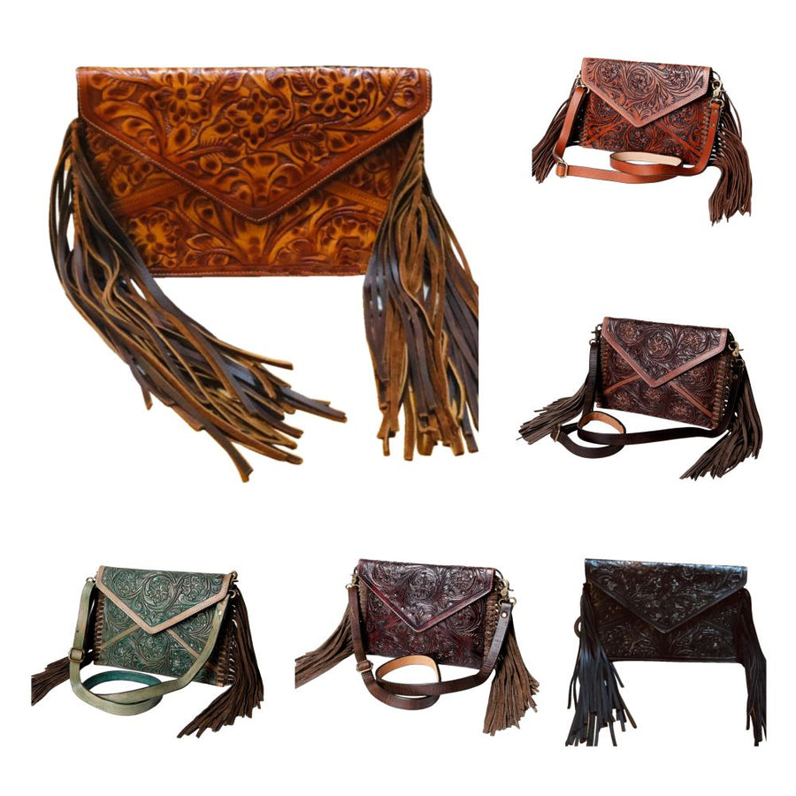 American Darling Envelope Bag Handcrafted from Hand Tooled Floral Leather with Braided Edges, Fringes, and YKK Zipper