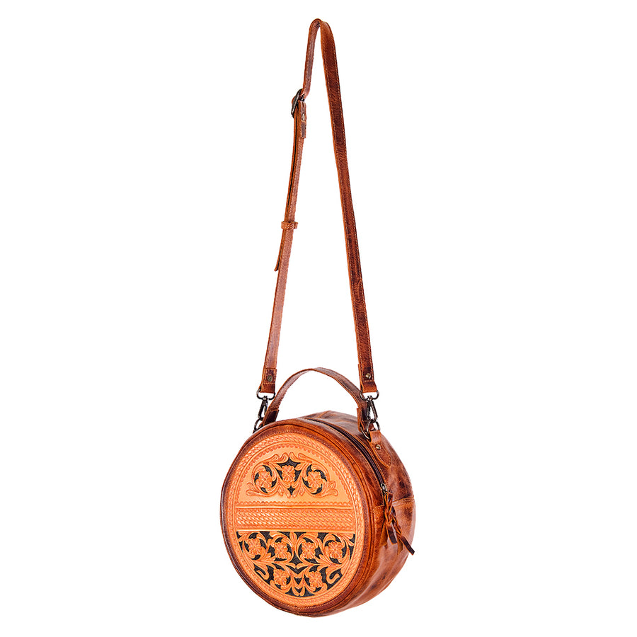American Darling Western Canteen Bag Hand Tooled Floral Carved Genuine Vegetable Tanned Leather Round Crossbody Purse